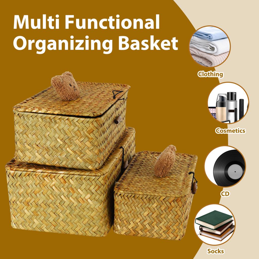 3Pcs Natural Storage Basket with Lid Stackable Large Seagrass Basket Organizer Bins For Home Kitchen Grocery Storage Container