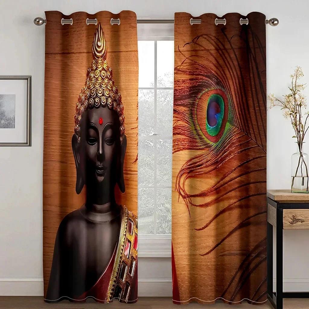 Stone Indian Buddha Statue Zen Lotus Cheap 2 Pieces Thin Window Curtains for Living Room Bedroom Decor Two Drape