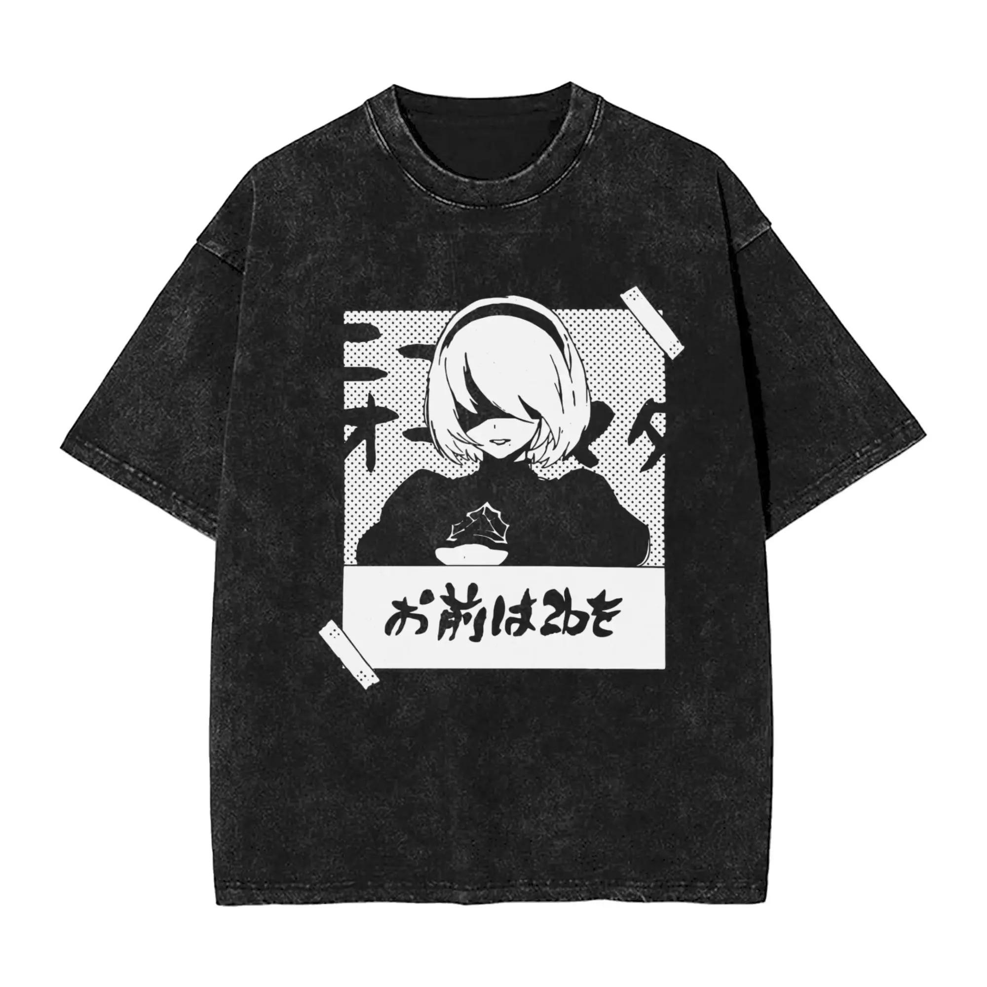 

NieR Automata B Manga Style Washed T Shirts Streetweart Oversized Unisex Couples Washed Retro Fashion high quality Classic soft S