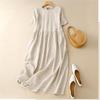 Summer Cotton Linen Blended Thin and Breathable Dress Women Literary Big Swing Short Sleeve Solid Loose Casual Female Dresses