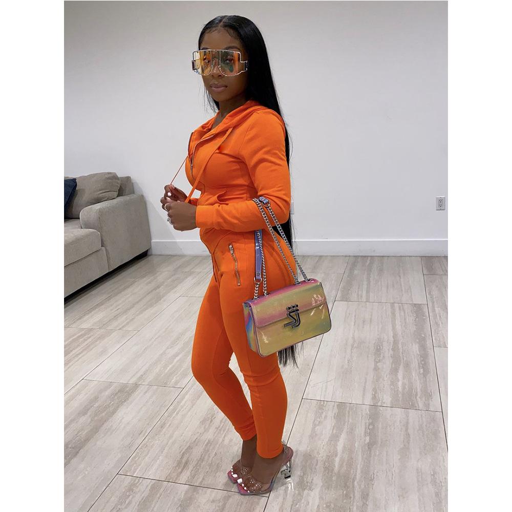 

Danmo/женская одежда из 2 предметов, осенний кардиган с капюшоном и длинными рукавами на шнурке + брюки с карманами на молнии, комплект из двух предметов, спортивный костюм, одежда XL оранжевый
