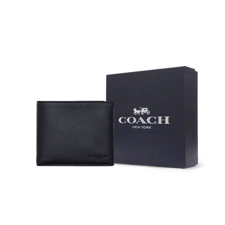 Coach Portafoglio 3 in 1 Compatto Corto con Porta Carte Staccabile Pelle con Texture a Buccia di Litchi Portafogli da Uomo Nero 74991-BLK