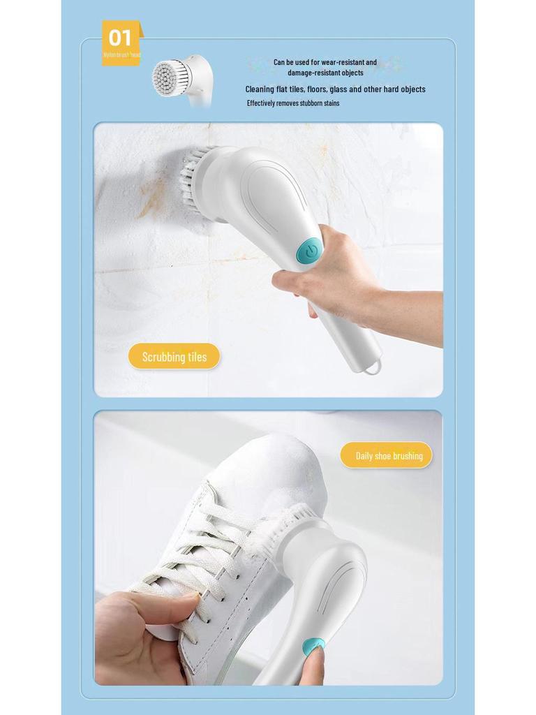 Electric Cleaning Brush with Steel Wool & 5 Brush Heads - Long Handle Handheld Kitchen & Dishwashing Tool