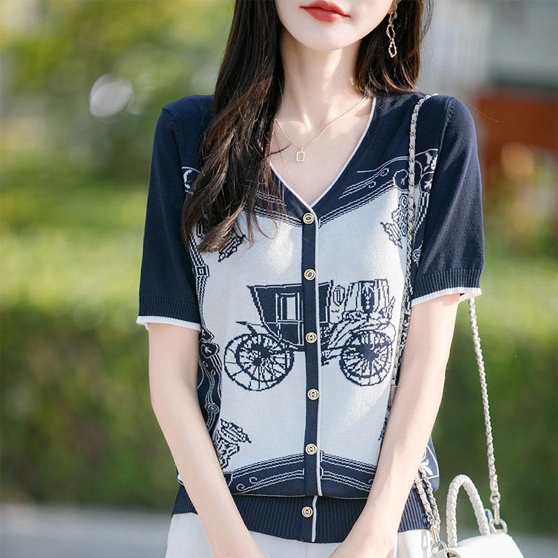 

Летняя тонкая футболка с коротким рукавом для женщин, внутренняя базовая майка, V-образный вырез, жаккард, ледяной шелк, женская футболка, имитация кардигана, вязаный свитер XXL