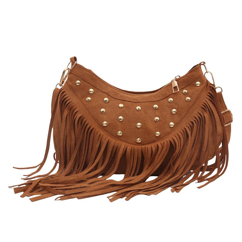 New new Maillard brown fringed bag autumn new bohemian retro versatile messenger dumpling bag