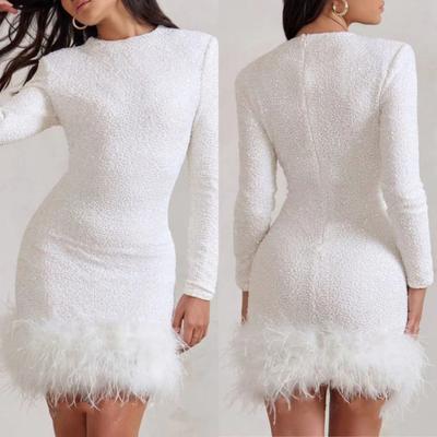 Women's Sequin Feather Trim Mini Dress Long Sleeve Sexy Shiny Bodycon Dress Sparkly Cocktail Gown for Birthday Party Club Night