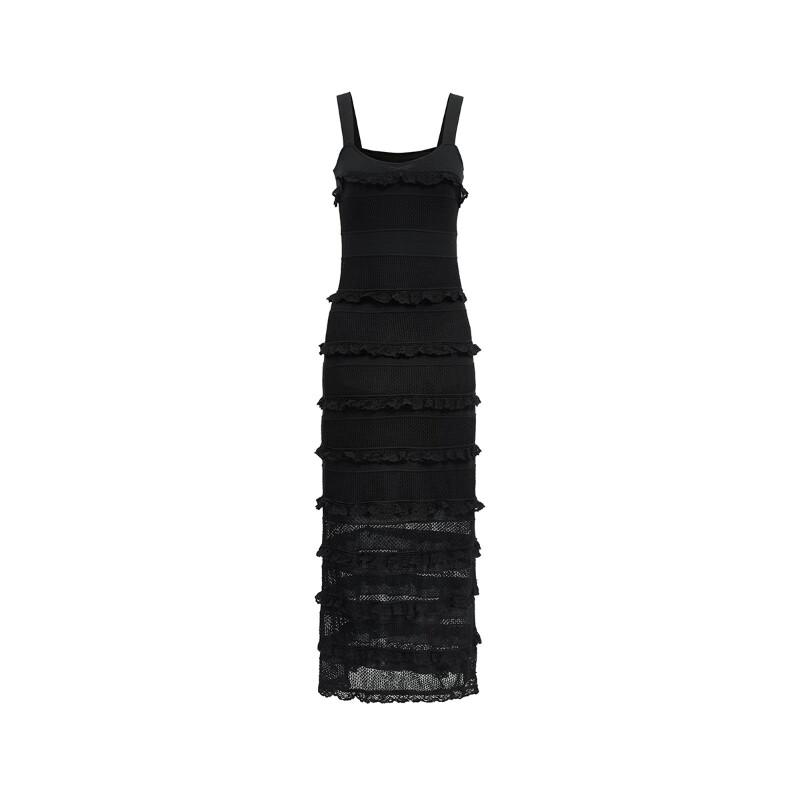 Veromoda Women's 2025 Spring Slim Fit Lace Ruffle Little Black Dress