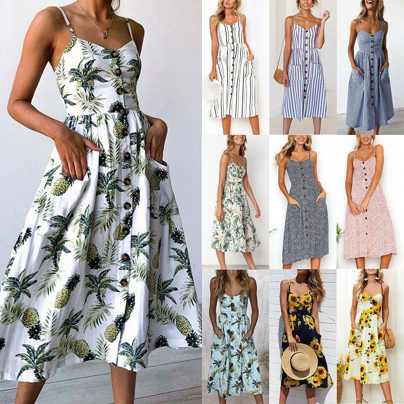 Stylish Boho Women's Summer Beach Midi Dress With Strappy Design And Button Pockets