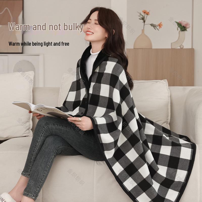 Double-Layer Fleece Shawl Blanket with Buckle - Warm, Multifunctional Office Blanket for Women