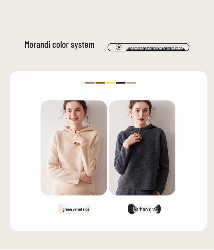 Women's Cashmere Hooded Half-Zip Sweater - 2025 Autumn/Winter Warm Knitwear, Age-Reducing Solid Color