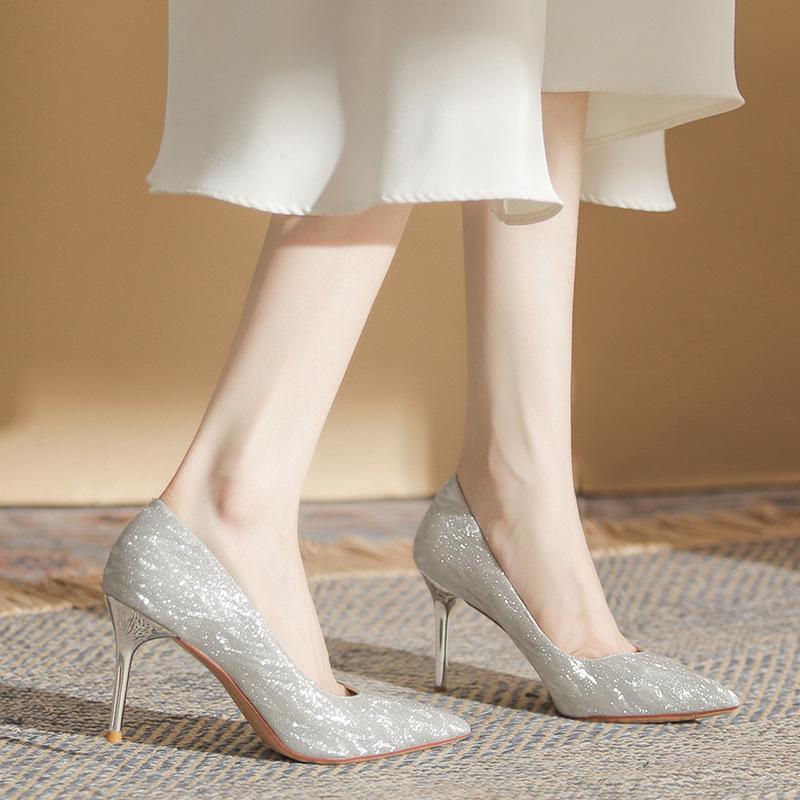 French Sequin High Heels: Xiuhe Wedding Dress Pointed Toe Flats for Women