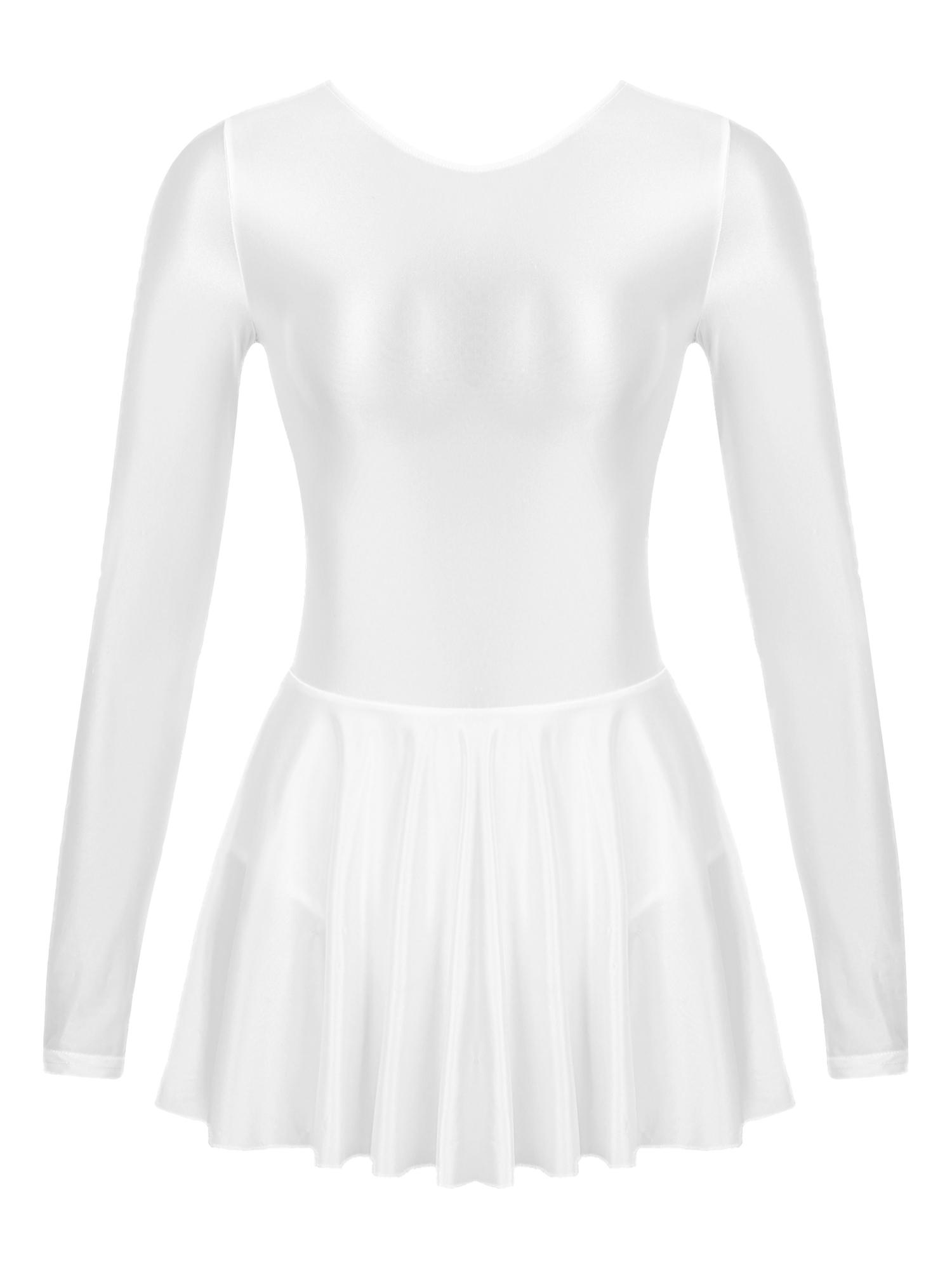 

Womens Glossy Long Sleeve Leotard Dress Ruffled Hem Ballet Dancewear for Sports Performance Swim Dance Costume S білий