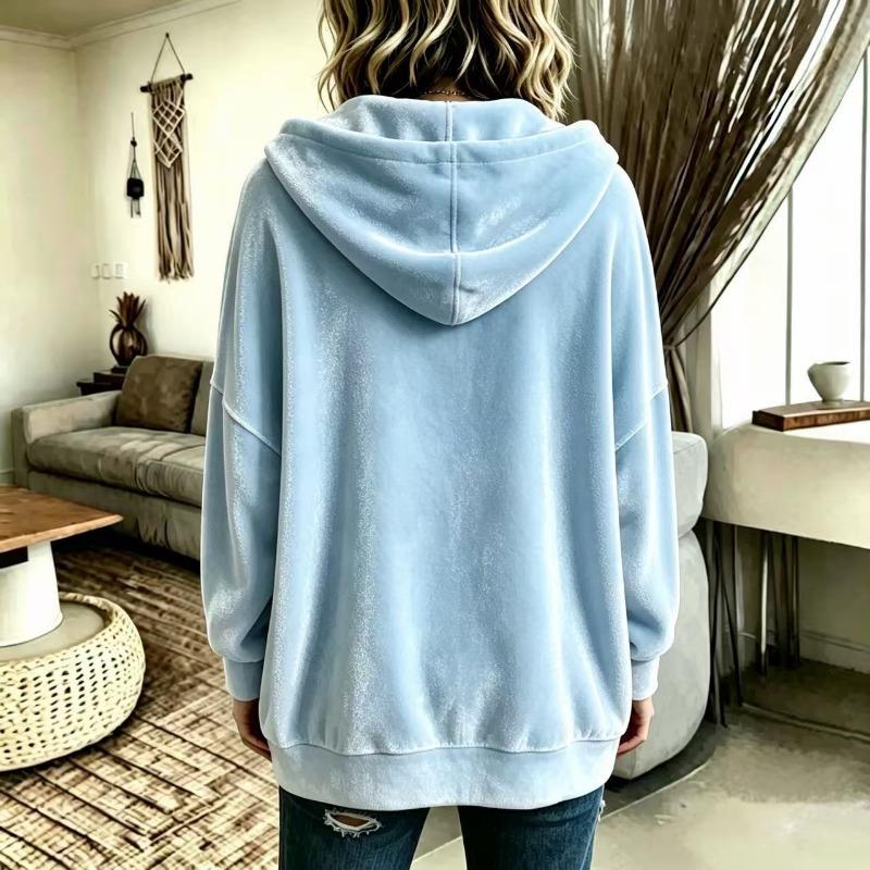 Women Solid Color Button Hooded Velvet Long Sleeve Casual Cardigan Coat