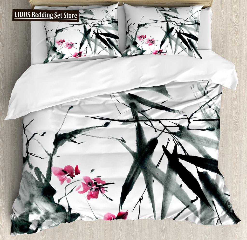 Japanese Duvet Cover Set,Branch Of A Flourishing Sakura Tree Flower Cherry Blossoms Spring Theme Art Japan Bedding Set Full Size