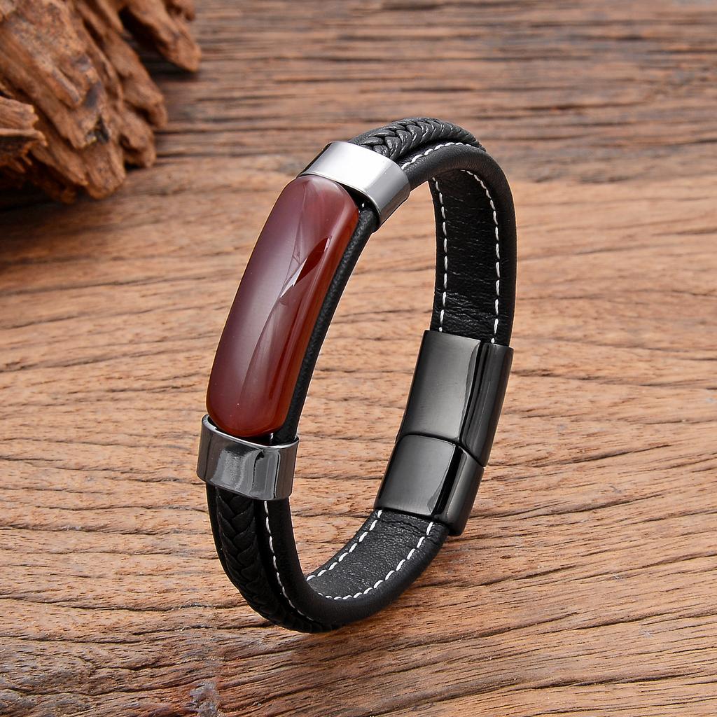 Natural Hematite Pink Crystal Tiger Eye Stone Bracelets Men's Jewelry Braided Leather Handmade Male Bangles New In