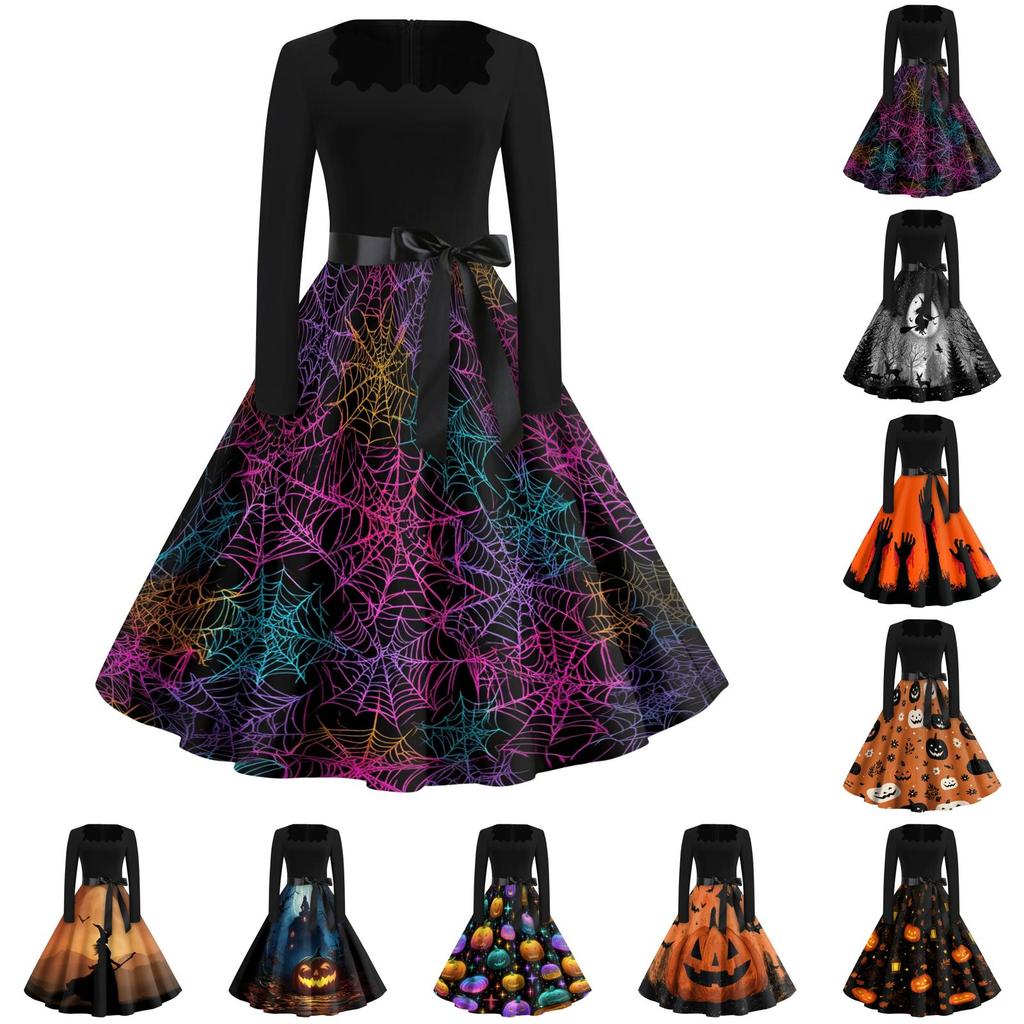 Women's Vintage Square Neck Casual Dress with Halloween Print for Fall Occasions