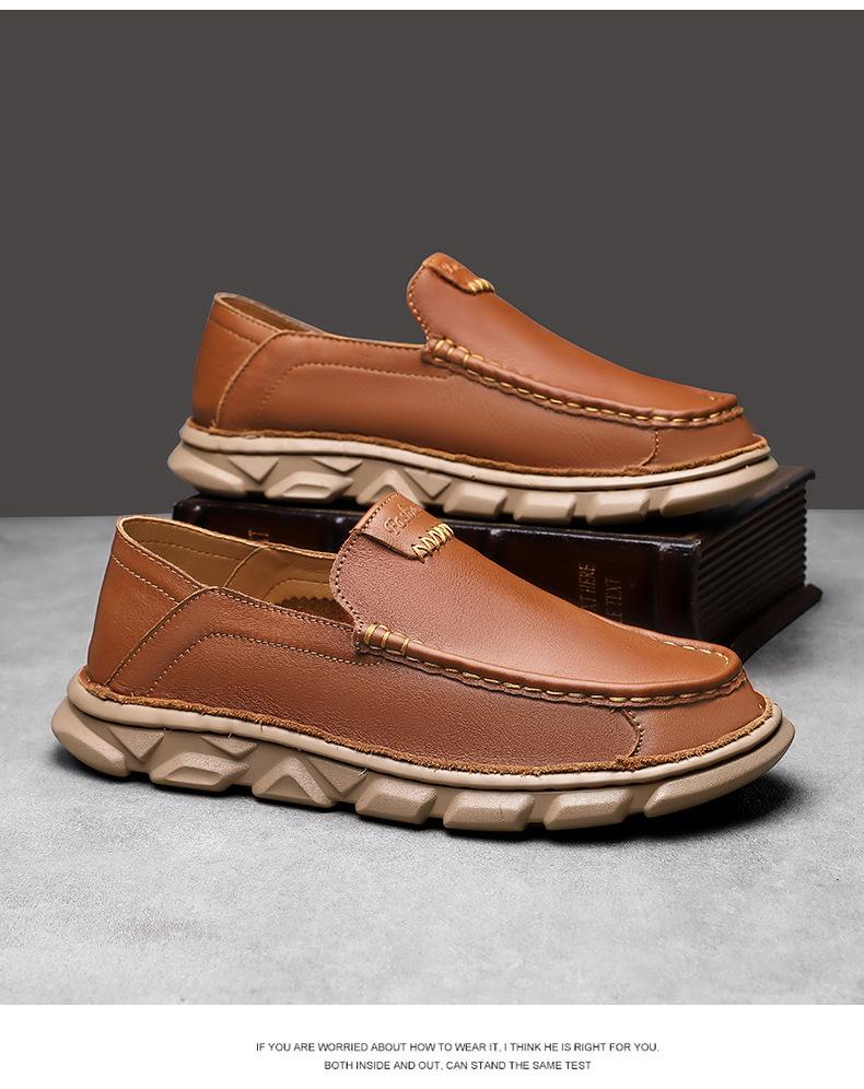 New Men Genuine Leather Casual Shoes Comfortable Flat Shoes Thick-soled Slip-on Loafers Big Size