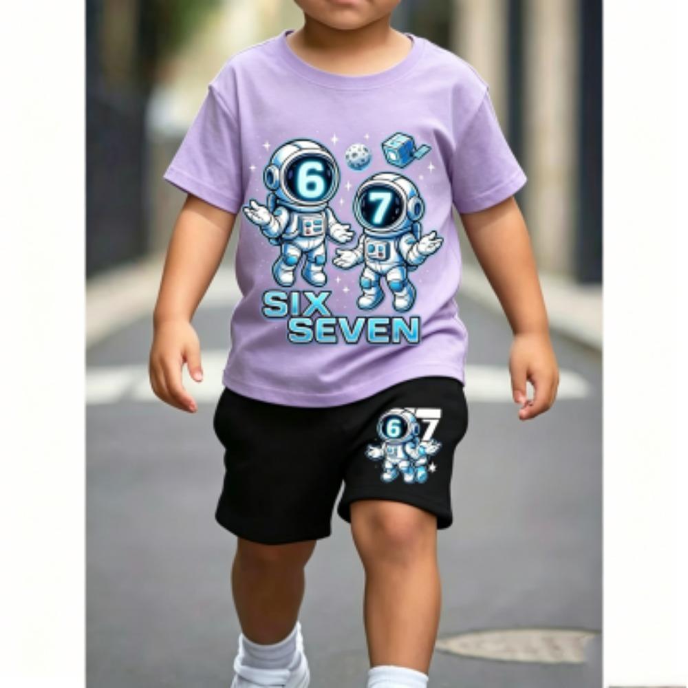 Number 67 Astronaut Fun Printed 11 Colors Kids T-shirt and Shorts 2 Piece Set Summer Home Outdoor Casual Outfit Boy and Girl's Sports Set