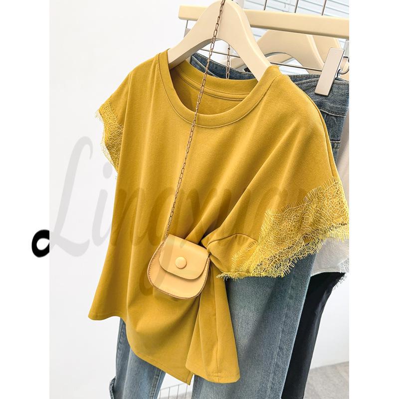 2026 Summer Plus Size Women s Chic Irregular Flutter Sleeve Lace Trim T-shirt. 4XL