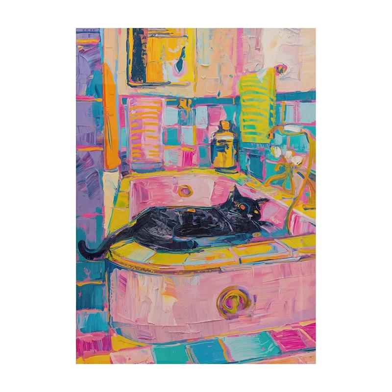 Poster Decorazione Bagno Massimalista Pittura su Tela Gatto Trendy Stampa Dopamina Estetica Kitsch Quadri per Decorazione Casa