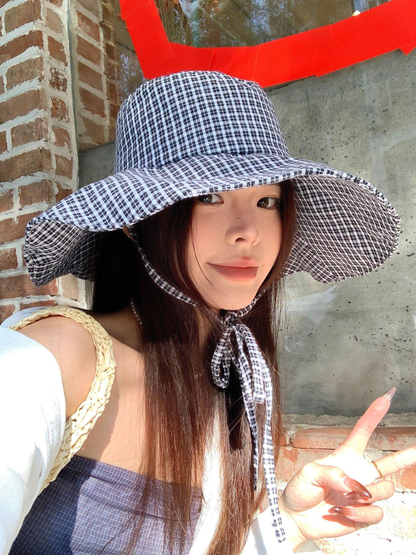 

Уличная шляпа-ведро с большими полями в синюю клетку, женская, весна-лето 2025, новая солнцезащитная шляпа с изображением умывальника M（56-58cm） чёрный