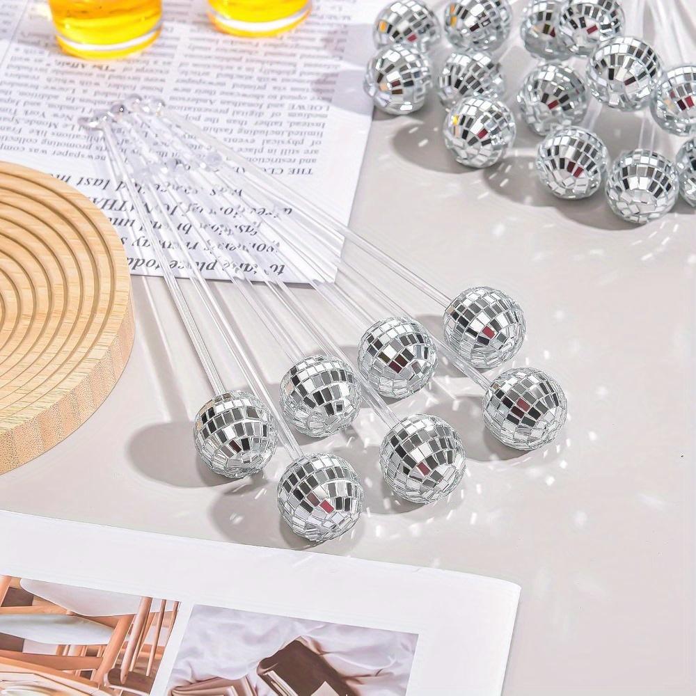 12 Stück Disco-Kugeln Cocktail-Rührstäbe Kunststoff Runder Kopf Swizzle Sticks Cake Pops Spiegelkugel Kaffee Getränke Rührstäbe für 1970er Party Hausbar Kaffee