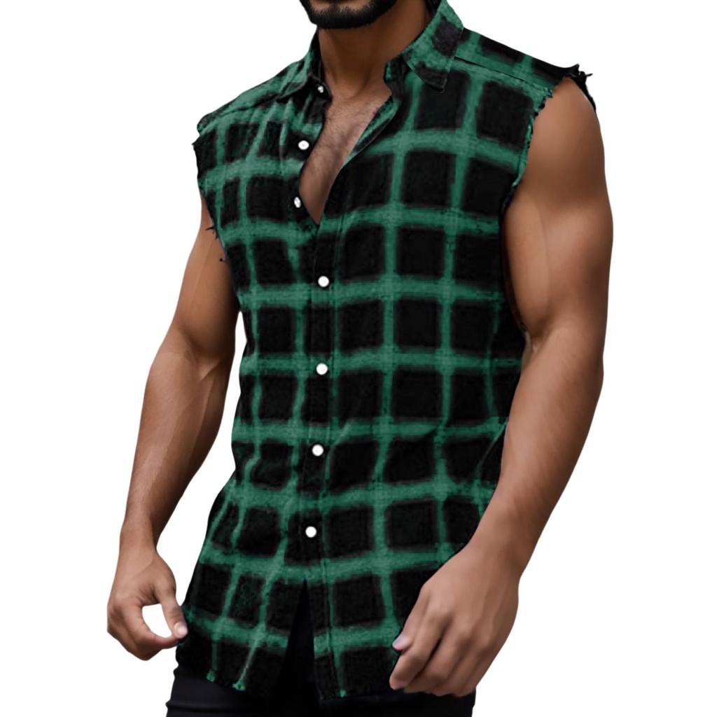 Camisa Xadrez Sem Mangas Masculina Vintage Cool Respirável Sem Mangas Camiseta Regata Plus Size