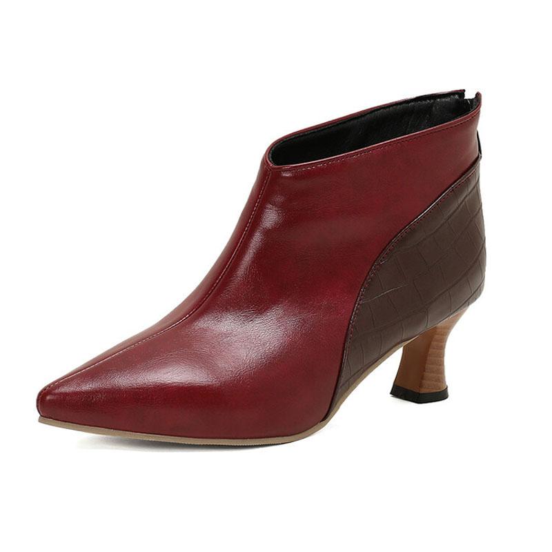 Women Pumps Fashion Leather Shoes Back Zipper Spring Autumn Short Ankle Boots Lady Patchwork Design Pointed Toe Booties WSH5043