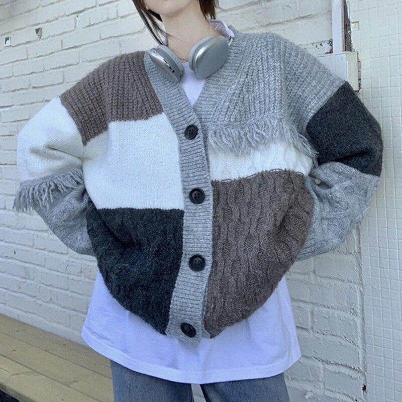 Vintage Tassel V-neck Cardigan Jacket Women Autumn And Winter Knitted Sweater Korean Lazy Style Sweet Chic Sweaters Tops 28970