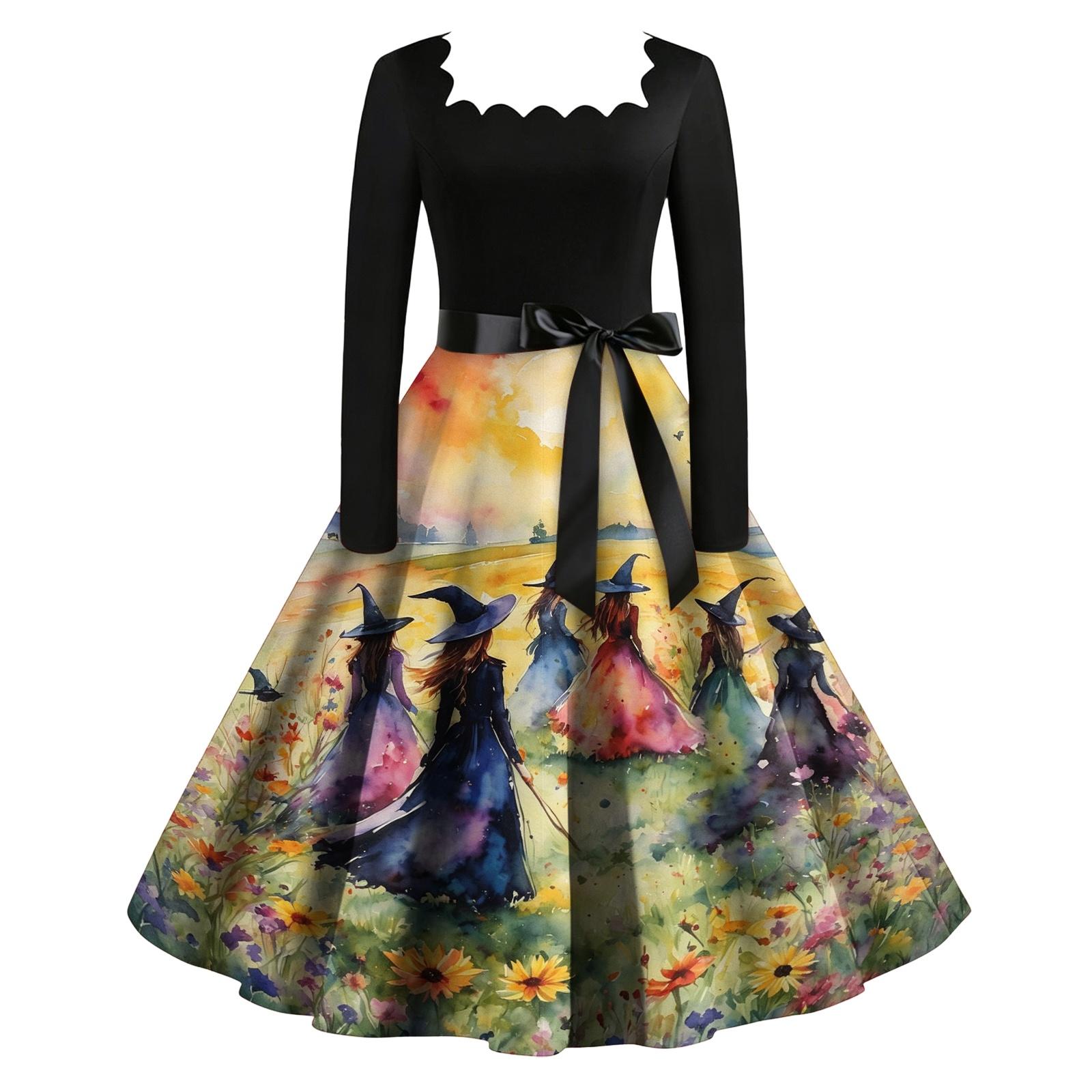 Women s Vintage Long Sleeve Square Neck Witch Print Dress for Halloween Party S