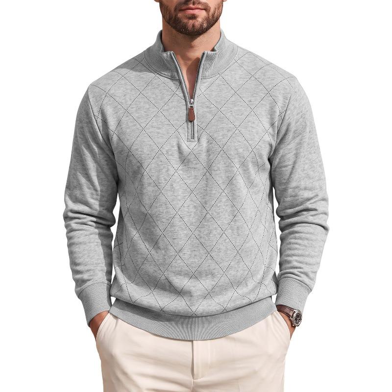 Men's Slim Fit Diamond Pattern Sweatshirt, Half-Zip Stand Collar Pullover, Long Sleeve Casual Top