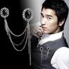 British Style Crystal Lapel Brooch High End Double Chain Pin Luxury Suit Badge for Men Wedding Business Banquet Decor