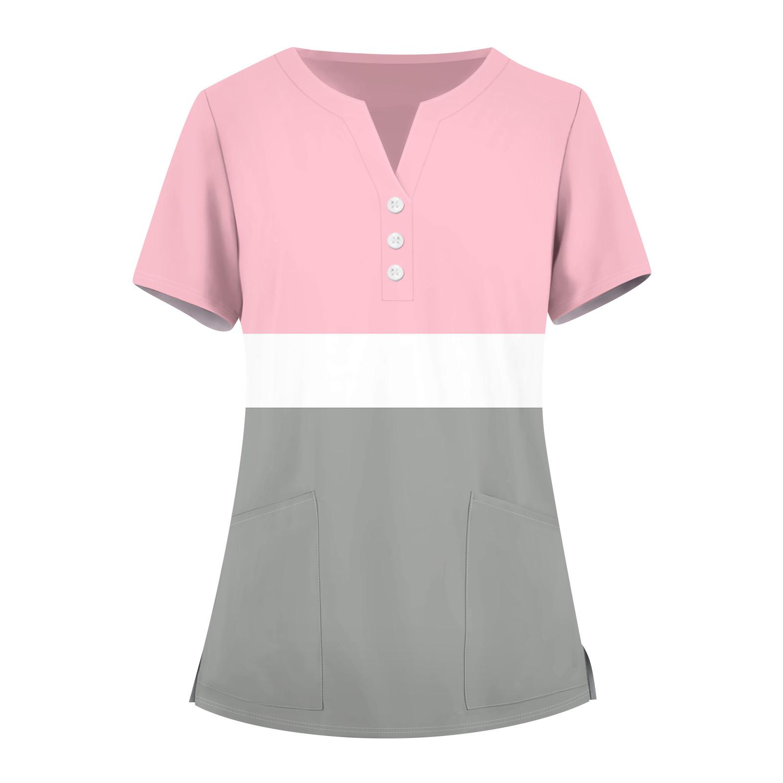 

Женская мода, рабочая одежда с v-образным вырезом, короткими рукавами и карманами, топы с принтом, летние топы для женщин L розовый