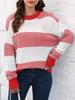 Women Pullover Top Autumn Winter Casual Loose Woven Knit Shirt Color Block Striped Patchwork Sweater