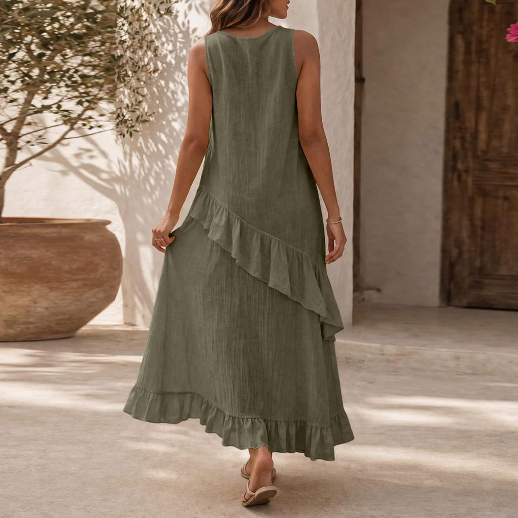 Damen Freizeitkleid mit unregelmäßigem Rüschensaum für den Urlaub - Ärmellos