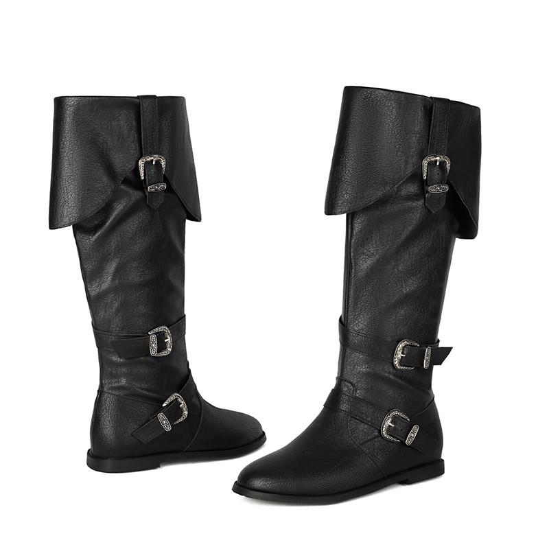 Women's Flat Boots Autumn and Winter New Solid Color Belt Buckle Decorative Large Size Roman Medium Boots