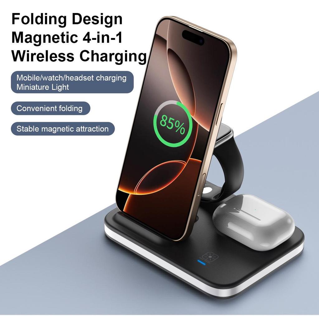 15W Foldable Magnetic Stand: 3-in-1 Wireless Charger for Phone, Watch & Earbuds
