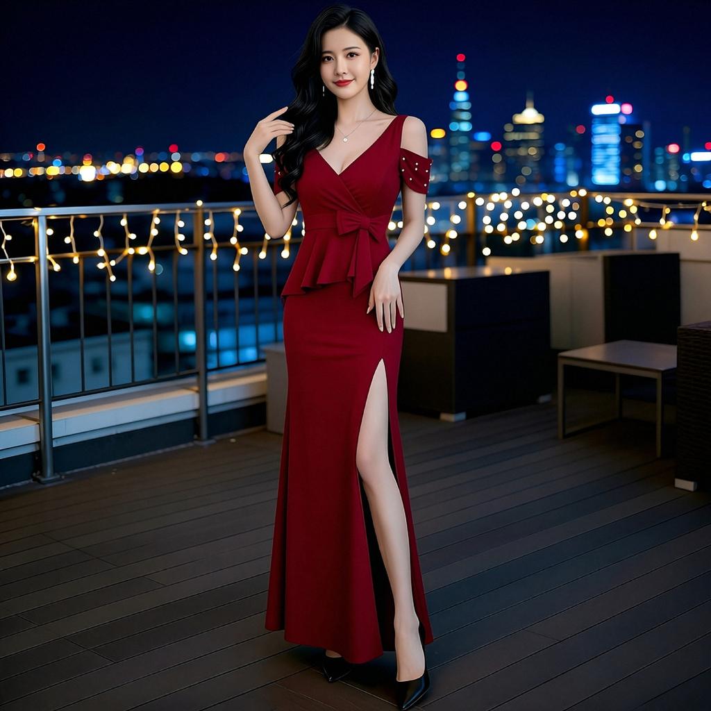 Black deep V-neck off-the-shoulder evening dress for women, waist bow, split fork, harpoon skirt, banquet host temperament long dress for women