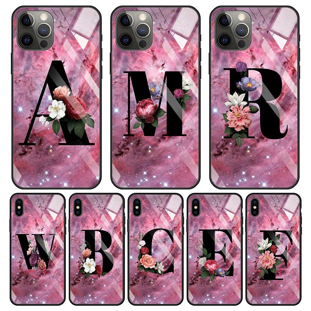 

Чехол из закаленного стекла для iPhone 14 12 11 Pro Max 13 12 Mini X XR XS Max 8 7 6s Plus силиконовый чехол с надписью AB цветы розовый