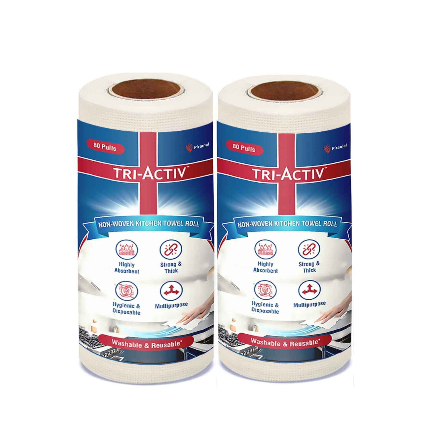 

Tri-Activ Washable Reusable Kitchen Towel Roll Pack of 2 | 80 Pulls Per Roll 160 Sheets | Absorbent Non Woven White Kitchen Tissue Roll