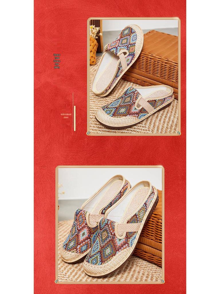 Women's Ethnic Linen Closed-Toe Half Slippers – 2025 New Soft Sole Casual Shoes