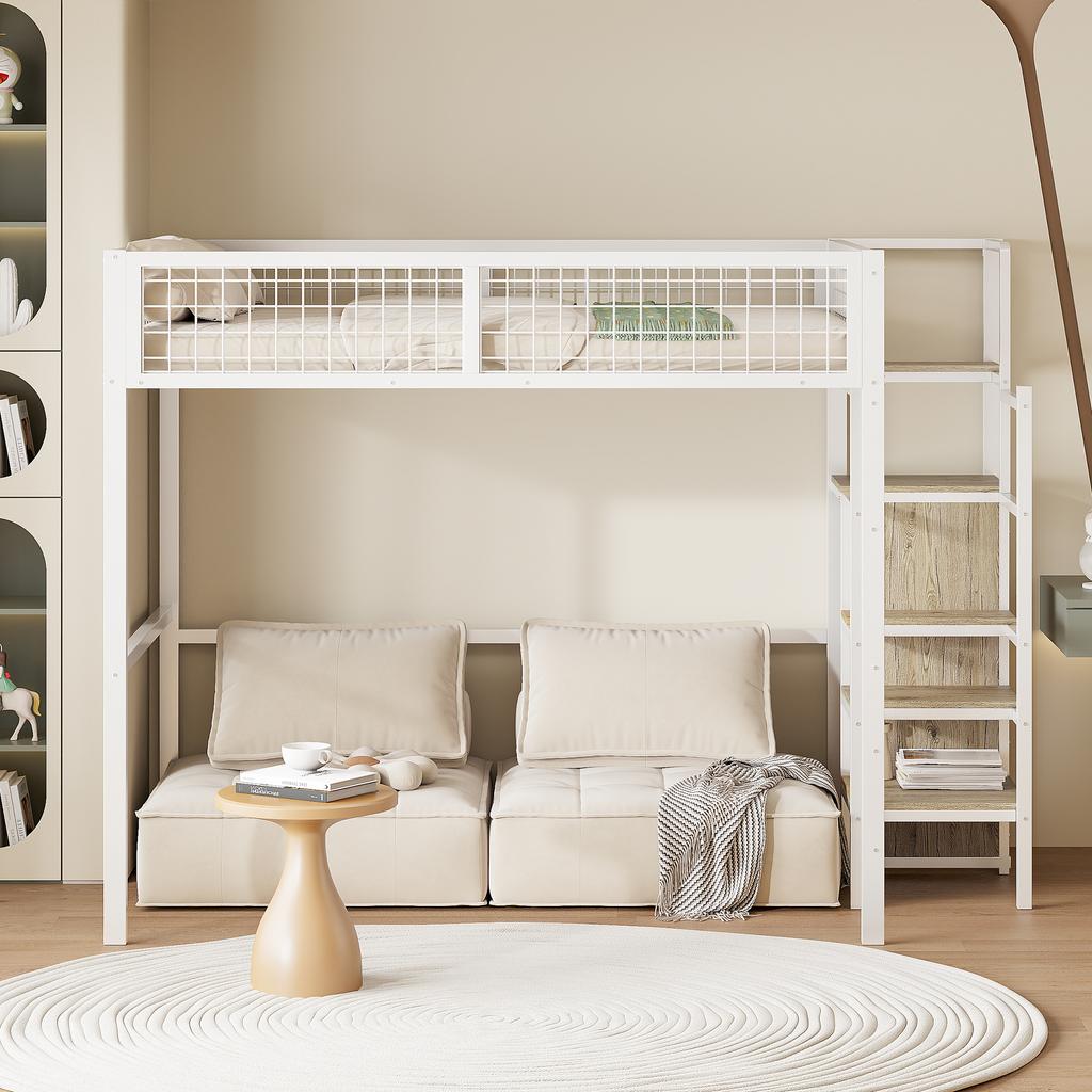 Loft bed 140*200 with ladder, children's bed with iron frame and storage shelf, wardrobe white (Old SKU LDB00198AAK)