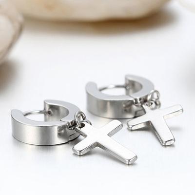 1 Pair Ear Dangle Cross Pendant Eco-friendly Stainless Steel Huggie Hinged Hoop Earrings for Men