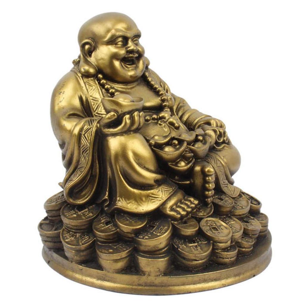 Resin Fengshui Figurine Laughing Buddha Sitting on Luck Money Coins Carrying Golden Ingot for Good Luck & Happiness