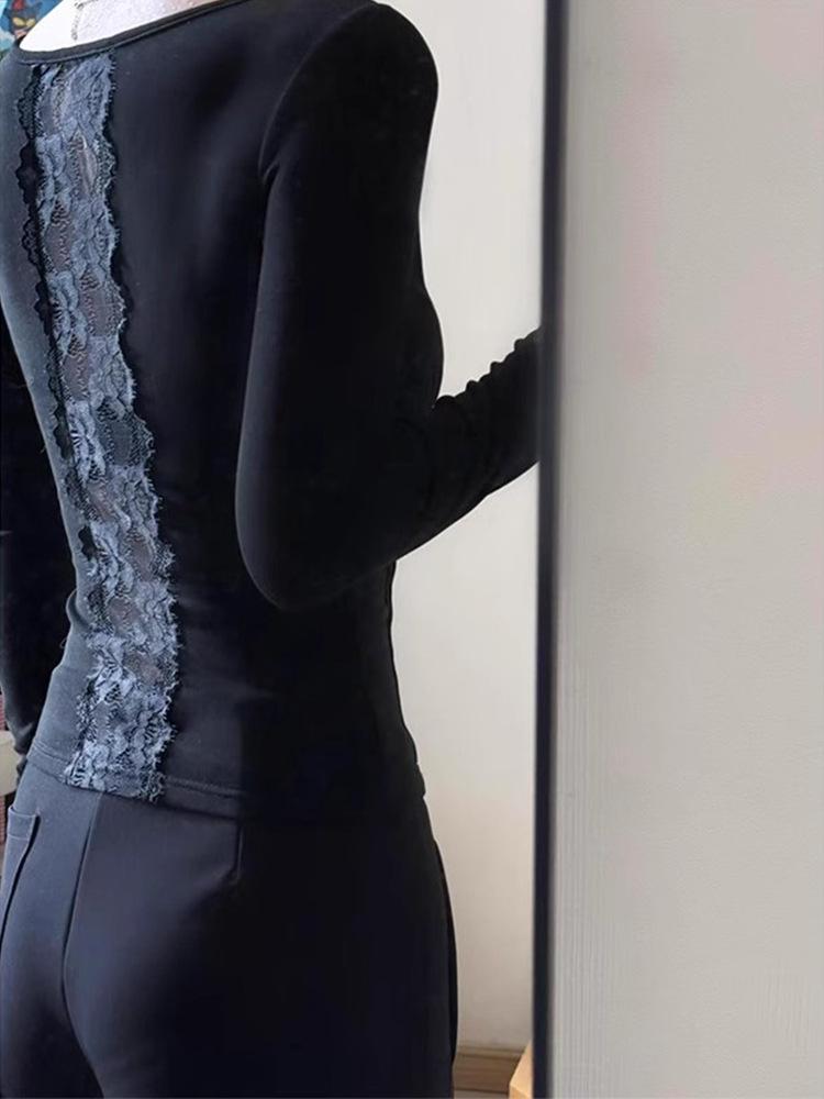 Elegantes Damen Frühlings Spitzen-Patchwork V-Ausschnitt Langarmshirt