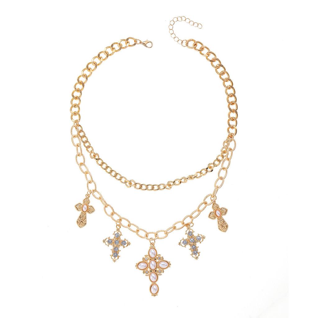 Punk Pearl Layered Cross Pendant Necklace With Geometric Design For Women