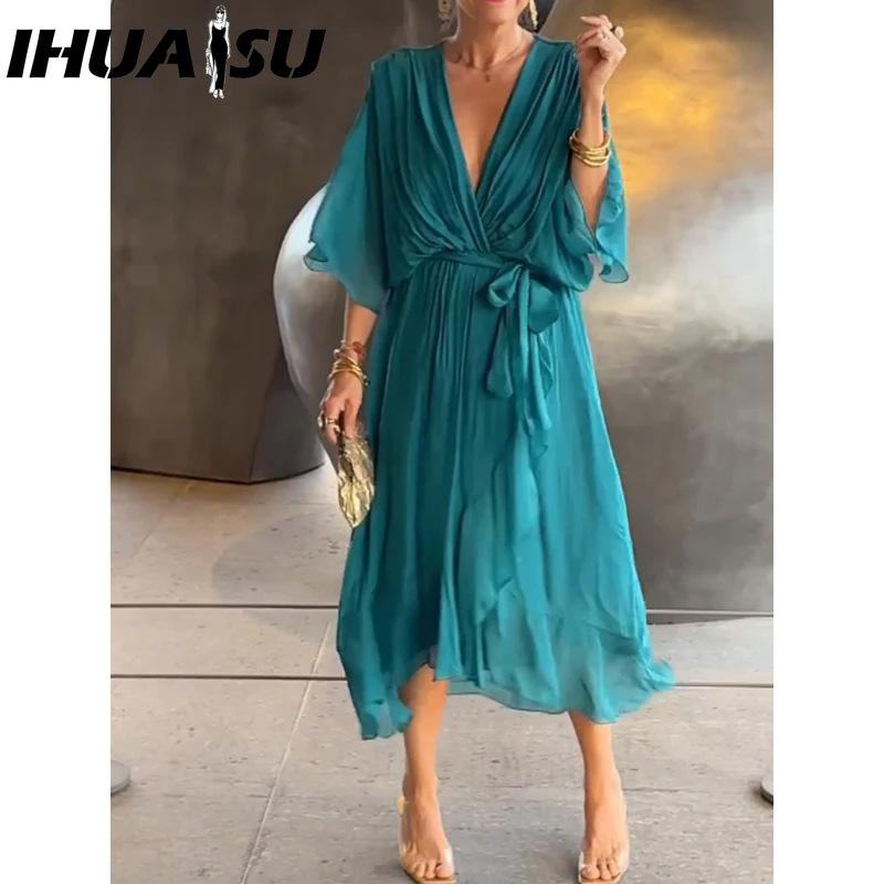 

IHUASU Women s Fashion Summer Spring Solid Color Print V-Neck High Waist Casual Dresses XXXXXL озеро зелений колір