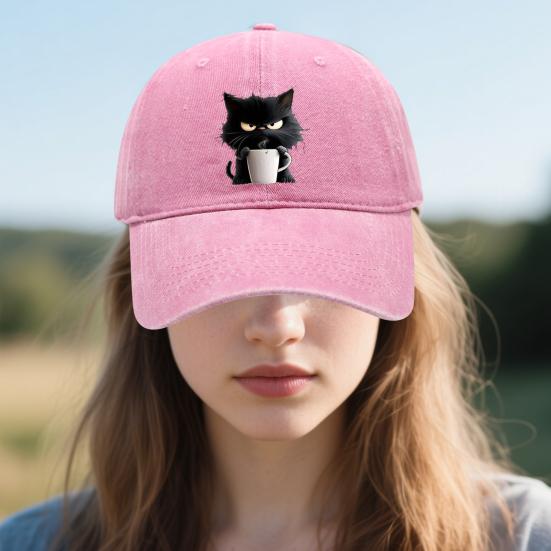 Casquette de baseball à motif chat réglable pare-soleil à bord incurvé chapeau de soleil unisexe style hip hop décontracté casquette café délavée