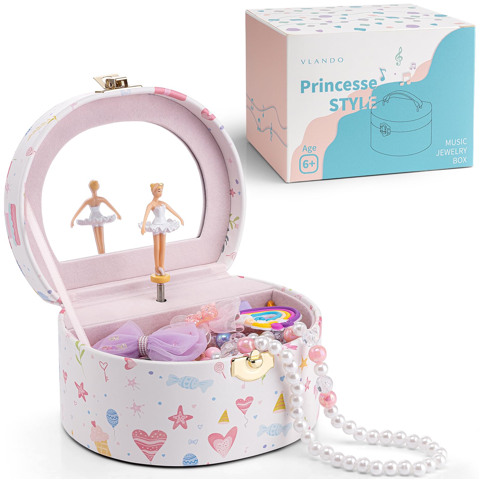 Vlando Birthday Gift Music Box - A Gift for Daughter, Jewelry Box, Semi-Circular, with Mirror, Music Box, Portable, Ballet Recital Gift, Princess, Pop