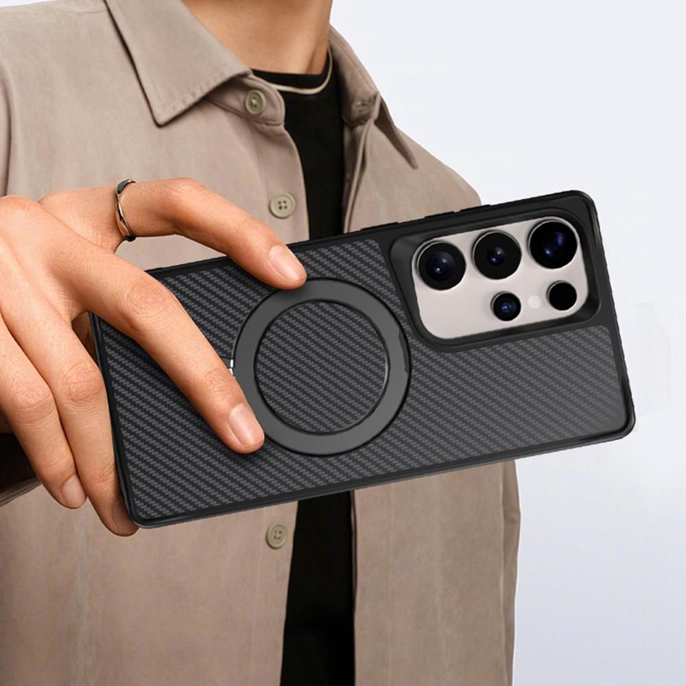 For Samsung Galaxy S25 Ultra Phone Case with Magnetic Kickstand TPU + PC Carbon Fiber Back Cover